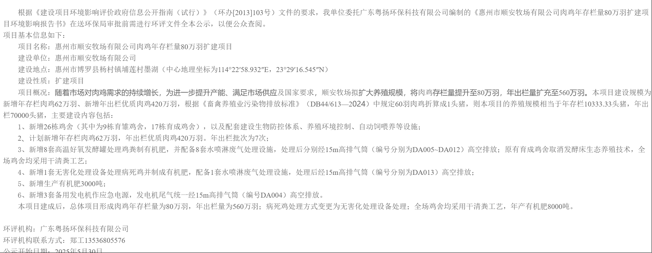 《惠州市順安牧場(chǎng)有限公司肉雞年存欄量80萬(wàn)羽擴(kuò)建項(xiàng)目環(huán)境影響報(bào)告書(shū)》審批前公示